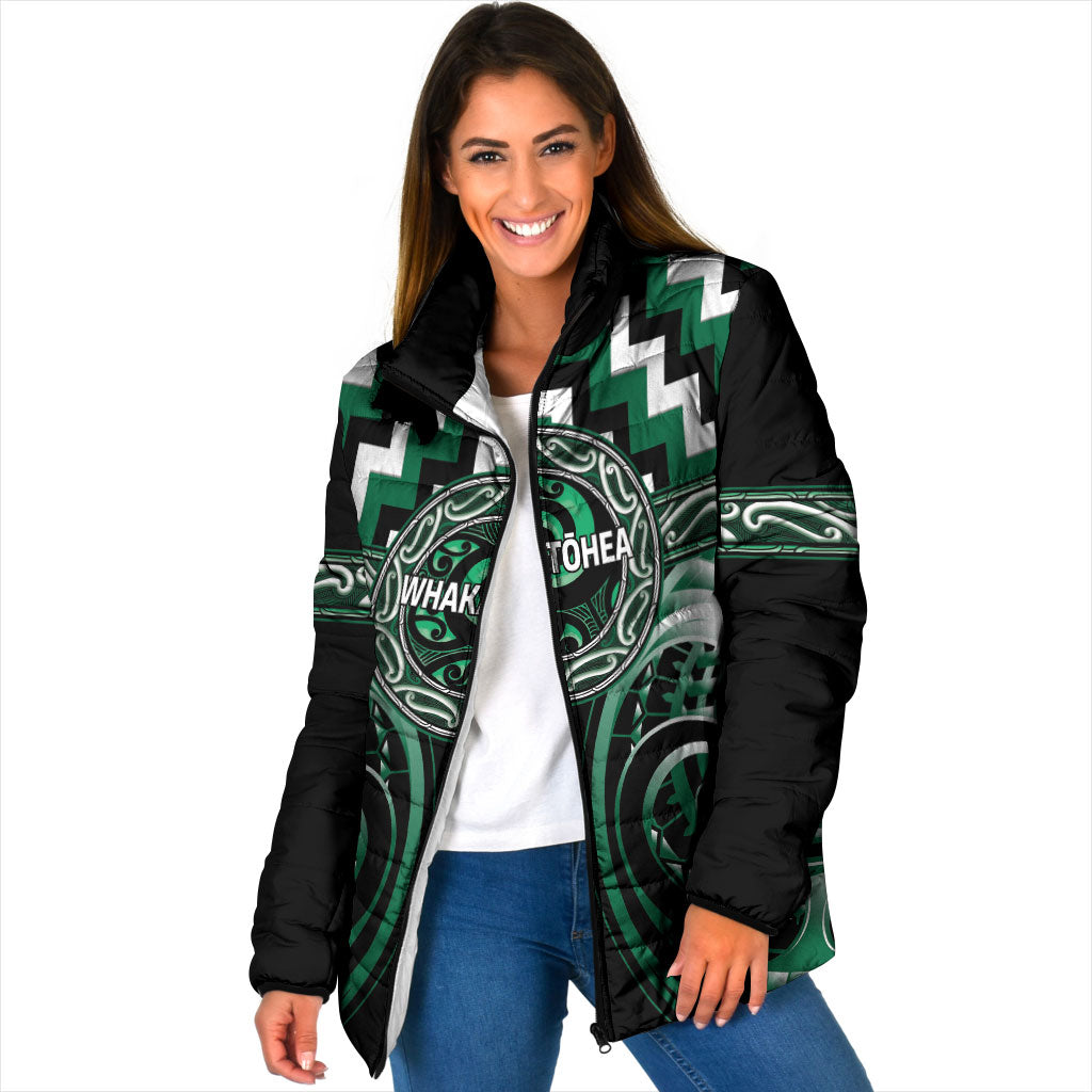 Aotearoa Whakatohea Personalised Padded Jacket Maori Iwi Poutama Puhoro Tattoo LT14 Women Green - Polynesian Pride