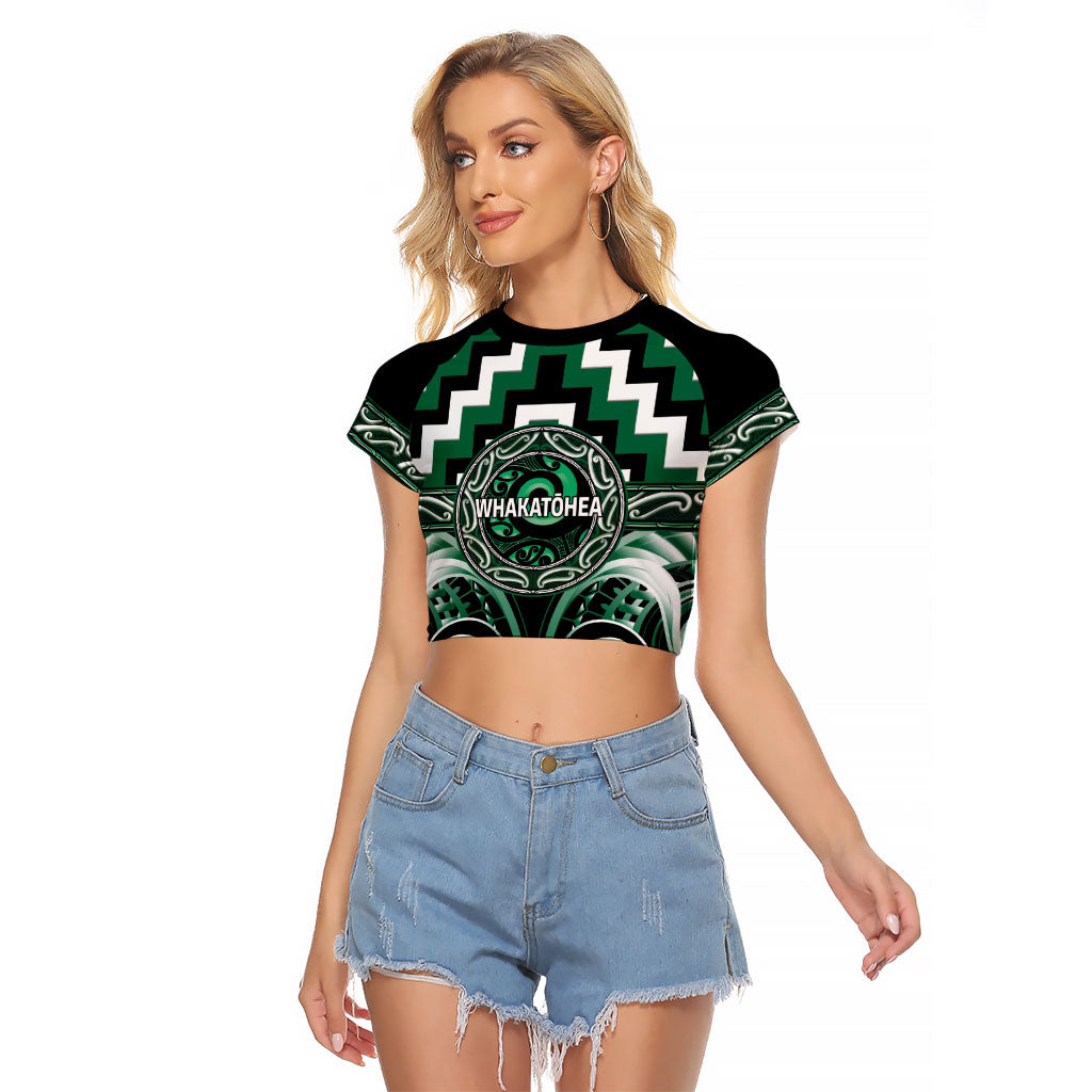Aotearoa Whakatohea Personalised Raglan Cropped T Shirt Maori Iwi Poutama Puhoro Tattoo LT14 Female Green - Polynesian Pride