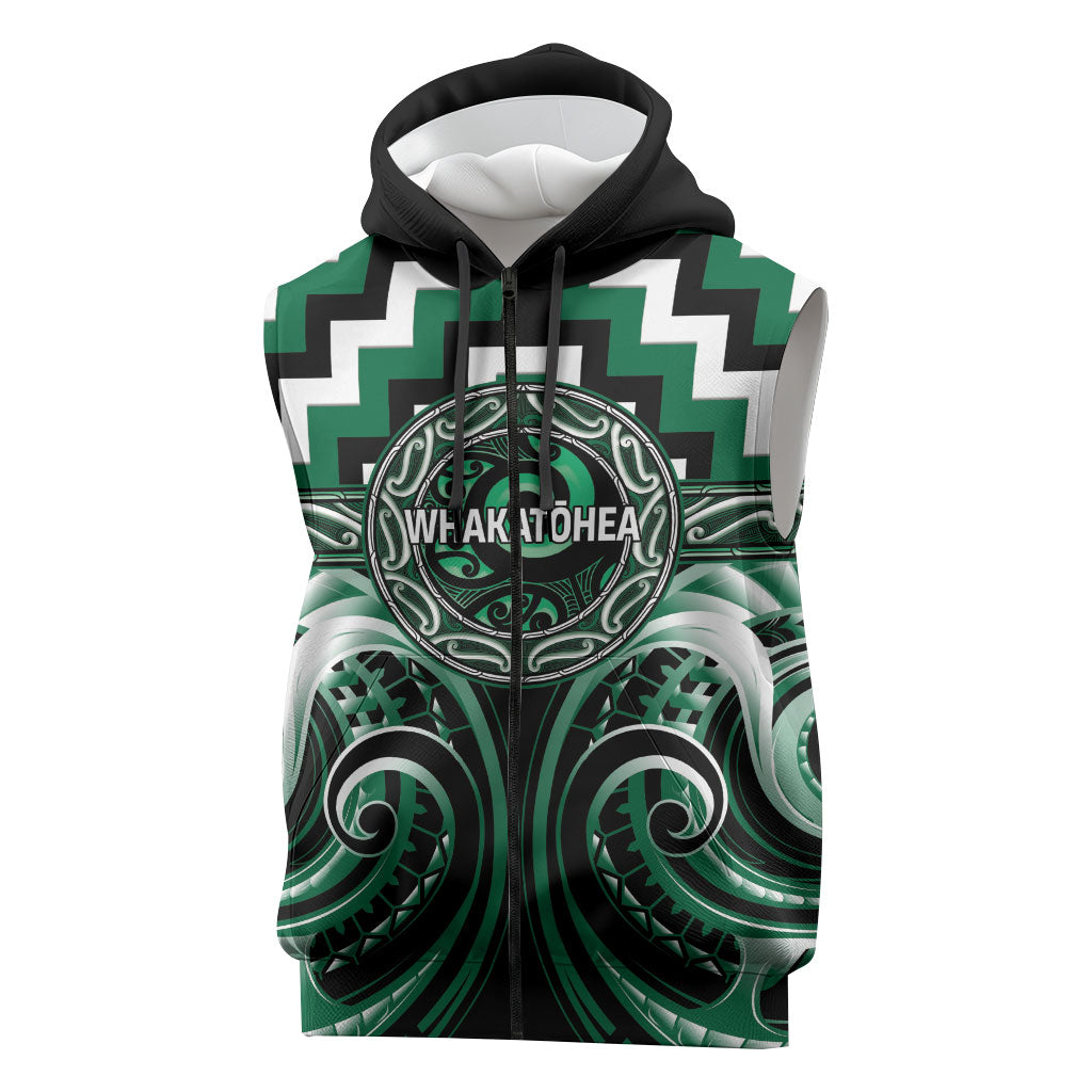 Aotearoa Whakatohea Personalised Sleeveless Zip Hoodie Maori Iwi Poutama Puhoro Tattoo LT14 Green - Polynesian Pride