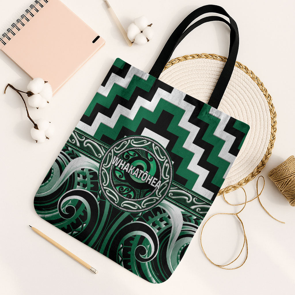 Aotearoa Whakatohea Tote Bag Maori Iwi Poutama Puhoro Tattoo LT14 Black Strap One Size Green - Polynesian Pride