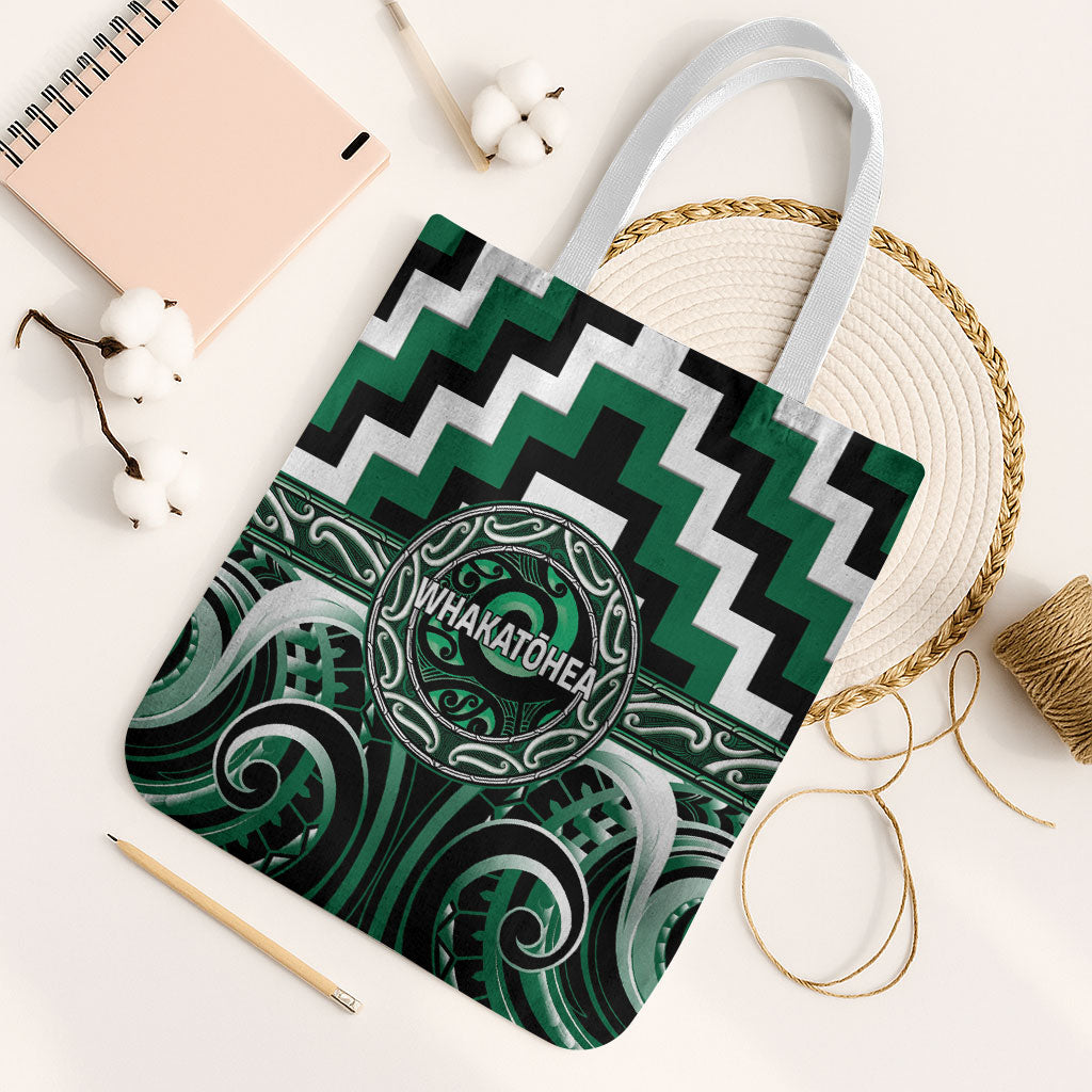 Aotearoa Whakatohea Tote Bag Maori Iwi Poutama Puhoro Tattoo LT14 White Strap One Size Green - Polynesian Pride