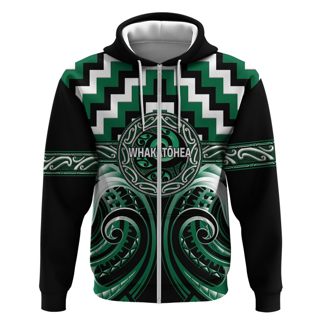 Aotearoa Whakatohea Personalised Zip Hoodie Maori Iwi Poutama Puhoro Tattoo LT14 Zip Hoodie Green - Polynesian Pride
