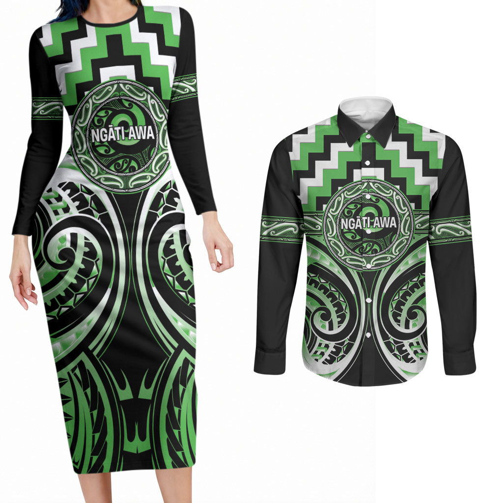 Aotearoa Ngati Awa Personalised Couples Matching Long Sleeve Bodycon Dress and Long Sleeve Button Shirt Maori Iwi Poutama Puhoro Tattoo LT14 Green - Polynesian Pride