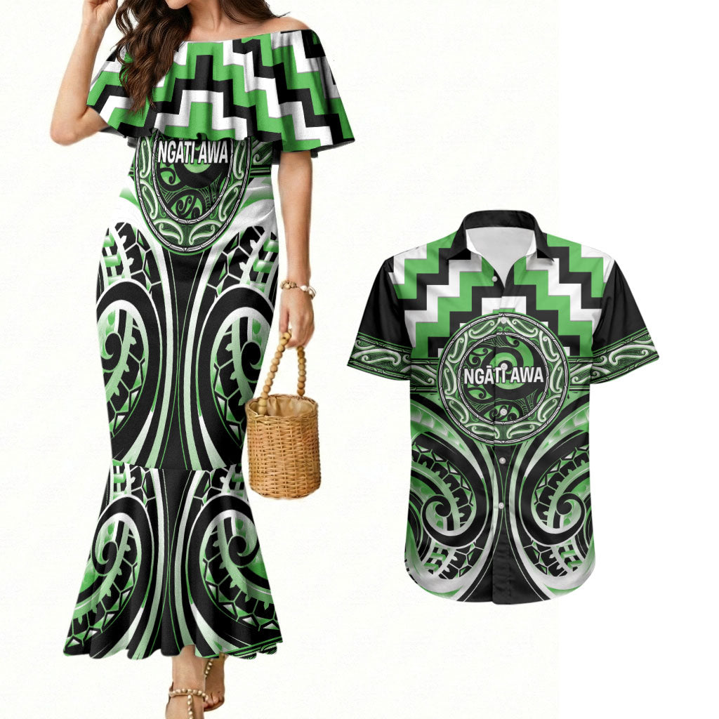 Aotearoa Ngati Awa Personalised Couples Matching Mermaid Dress and Hawaiian Shirt Maori Iwi Poutama Puhoro Tattoo LT14 Green - Polynesian Pride