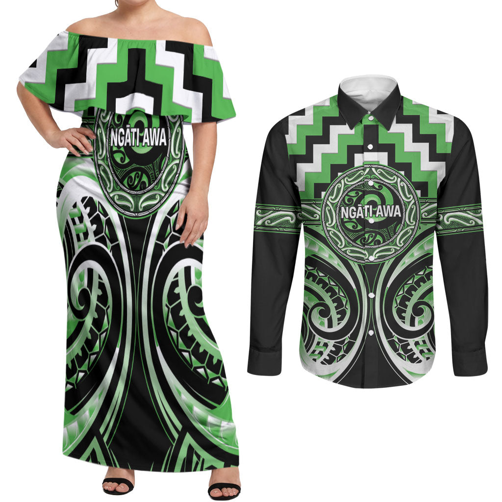 Aotearoa Ngati Awa Personalised Couples Matching Off Shoulder Maxi Dress and Long Sleeve Button Shirt Maori Iwi Poutama Puhoro Tattoo LT14 Green - Polynesian Pride