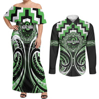 Aotearoa Ngati Awa Personalised Couples Matching Off Shoulder Maxi Dress and Long Sleeve Button Shirt Maori Iwi Poutama Puhoro Tattoo LT14 Green - Polynesian Pride