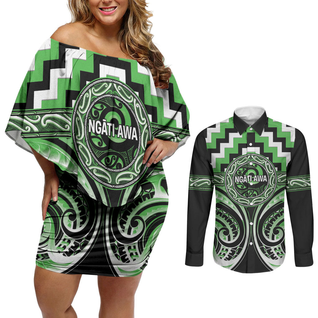 Aotearoa Ngati Awa Personalised Couples Matching Off Shoulder Short Dress and Long Sleeve Button Shirt Maori Iwi Poutama Puhoro Tattoo LT14 Green - Polynesian Pride