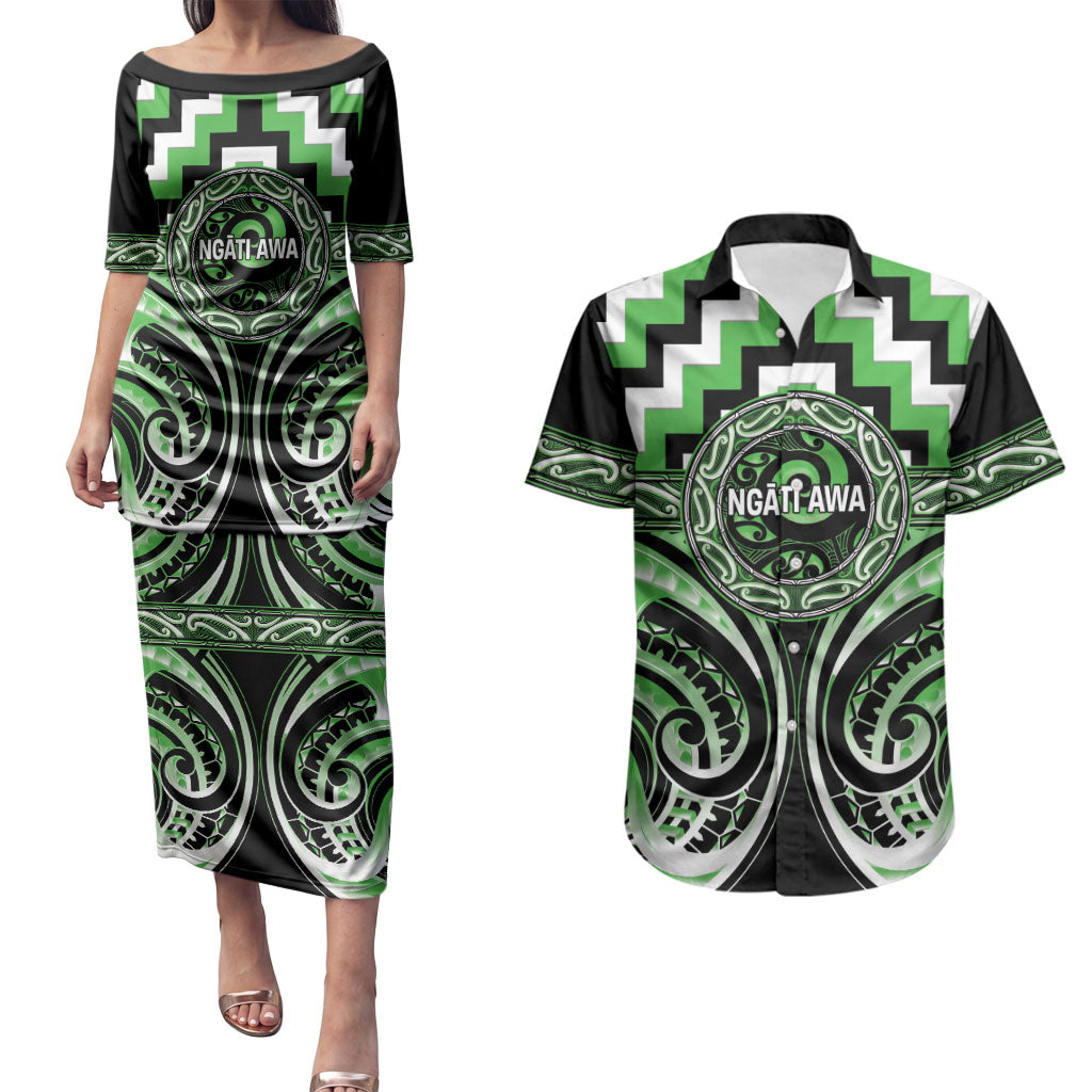 Aotearoa Ngati Awa Personalised Couples Matching Puletasi and Hawaiian Shirt Maori Iwi Poutama Puhoro Tattoo LT14 Green - Polynesian Pride