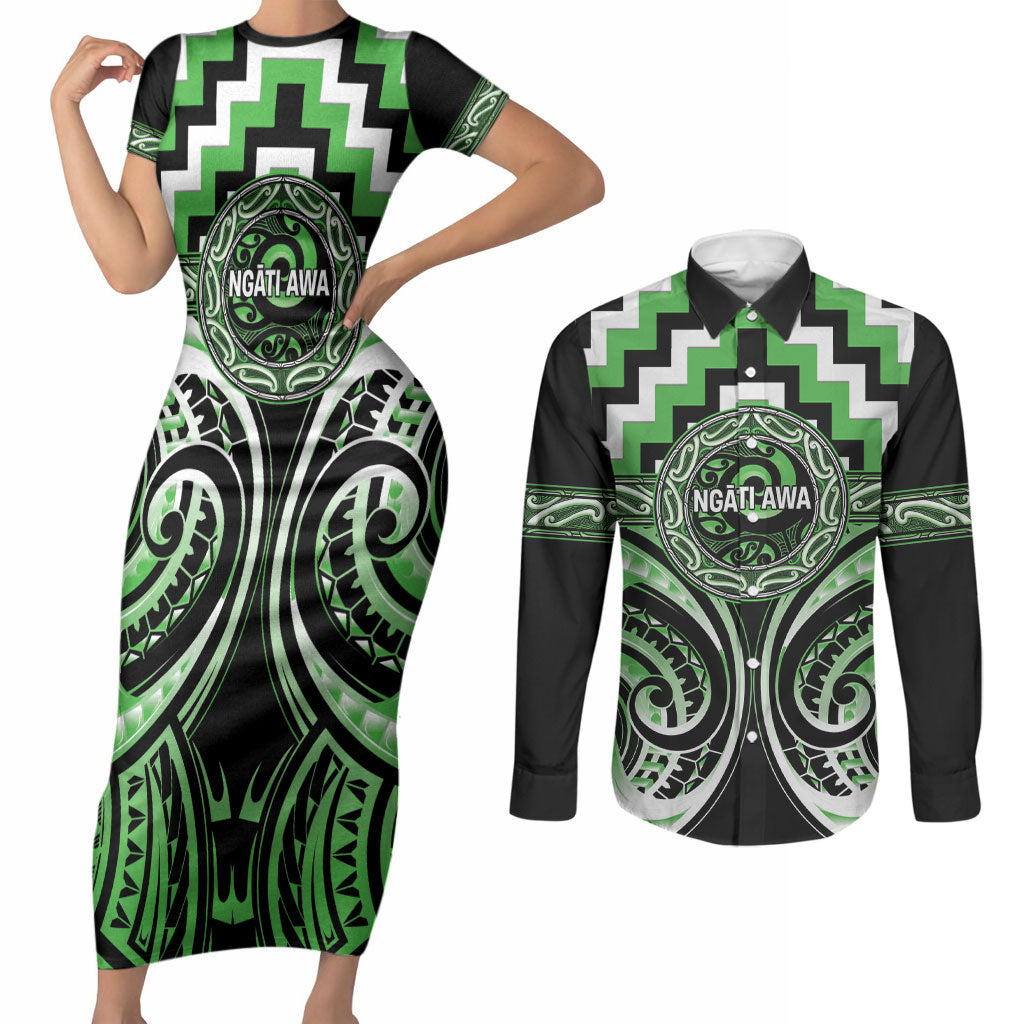 Aotearoa Ngati Awa Personalised Couples Matching Short Sleeve Bodycon Dress and Long Sleeve Button Shirt Maori Iwi Poutama Puhoro Tattoo LT14 Green - Polynesian Pride
