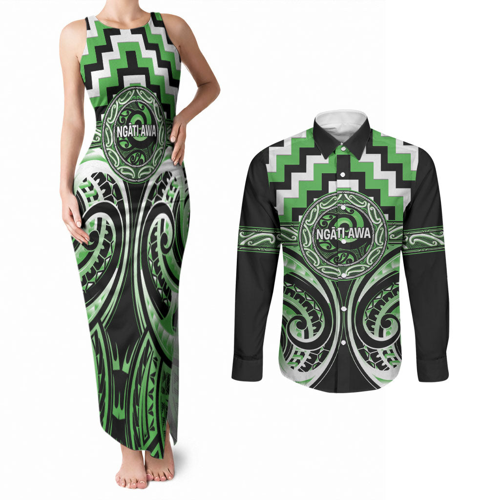 Aotearoa Ngati Awa Personalised Couples Matching Tank Maxi Dress and Long Sleeve Button Shirt Maori Iwi Poutama Puhoro Tattoo LT14 Green - Polynesian Pride