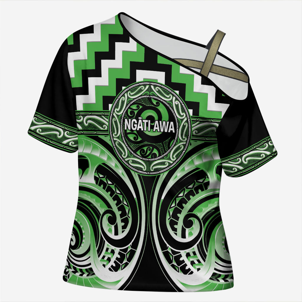Aotearoa Ngati Awa Personalised Cross Shoulder Shirt Maori Iwi Poutama Puhoro Tattoo LT14 Female Green - Polynesian Pride