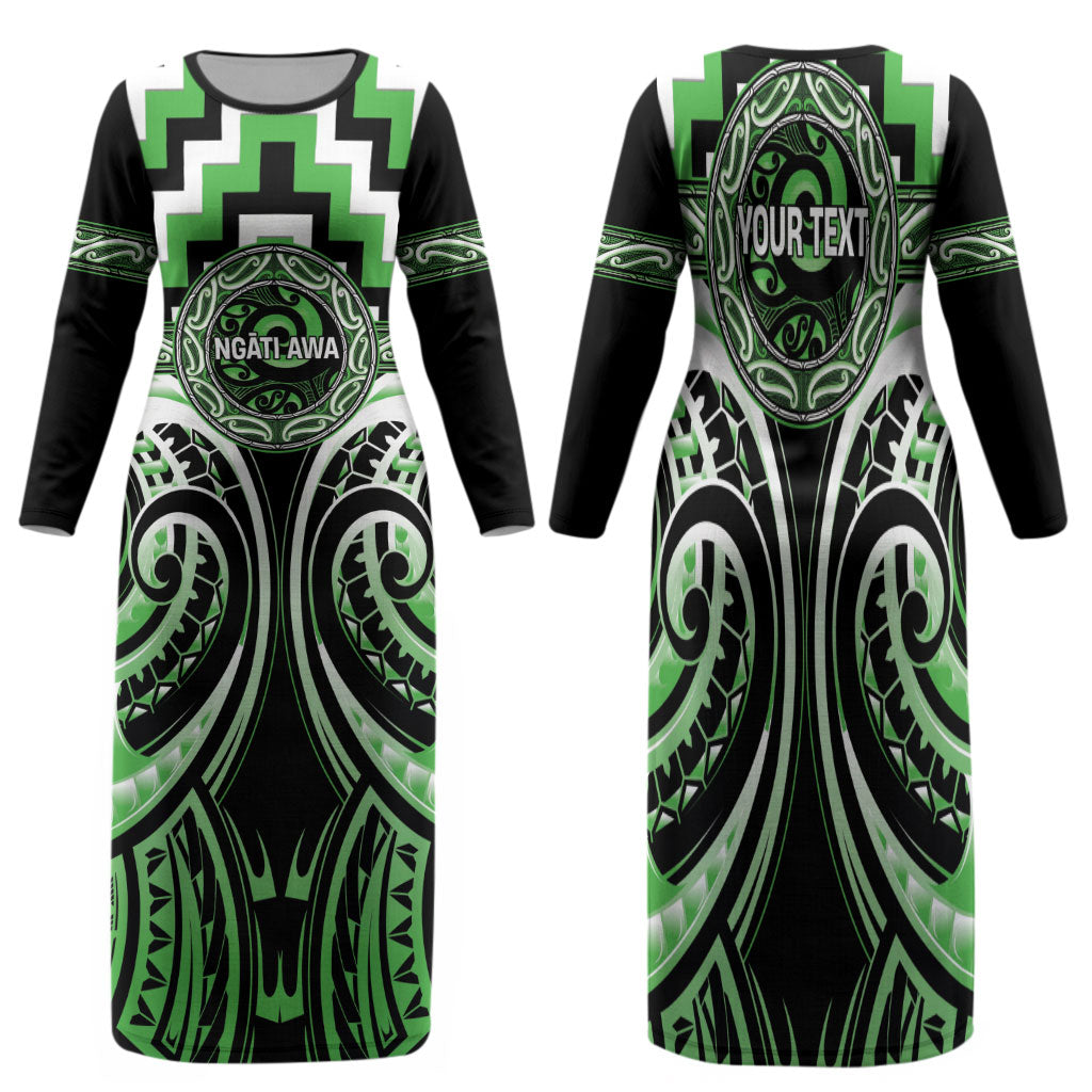 Aotearoa Ngati Awa Personalised Family Matching Long Sleeve Bodycon Dress and Hawaiian Shirt Maori Iwi Poutama Puhoro Tattoo LT14 Mom's Dress Green - Polynesian Pride