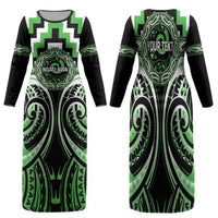 Aotearoa Ngati Awa Personalised Family Matching Long Sleeve Bodycon Dress and Hawaiian Shirt Maori Iwi Poutama Puhoro Tattoo LT14 Mom's Dress Green - Polynesian Pride