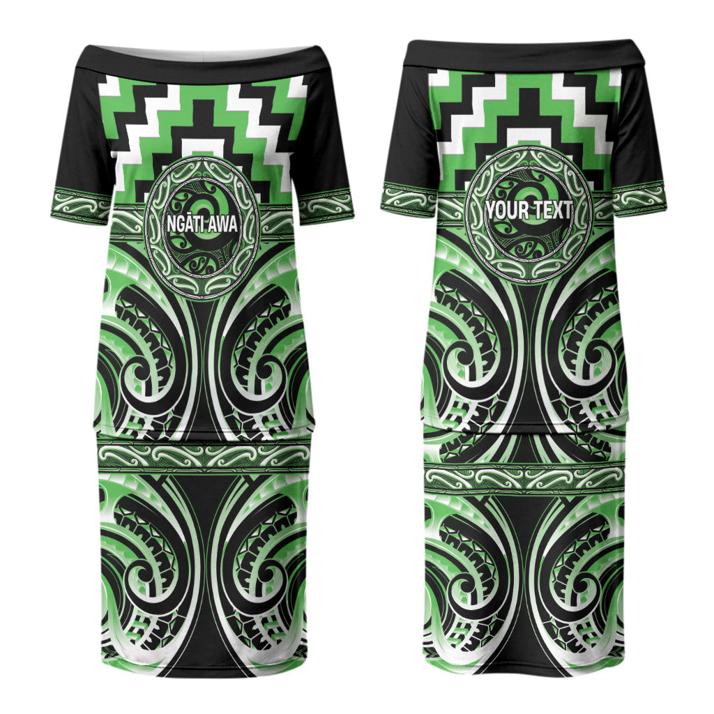 Aotearoa Ngati Awa Personalised Family Matching Puletasi and Hawaiian Shirt Maori Iwi Poutama Puhoro Tattoo LT14 Mom's Dress Green - Polynesian Pride