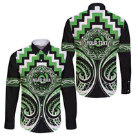 Aotearoa Ngati Awa Personalised Family Matching Puletasi and Hawaiian Shirt Maori Iwi Poutama Puhoro Tattoo LT14 Dad's Shirt - Long Sleeve Green - Polynesian Pride