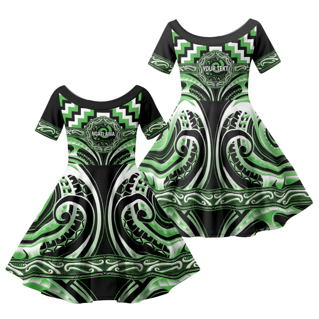 Aotearoa Ngati Awa Personalised Family Matching Puletasi and Hawaiian Shirt Maori Iwi Poutama Puhoro Tattoo LT14 Daughter's Dress Green - Polynesian Pride