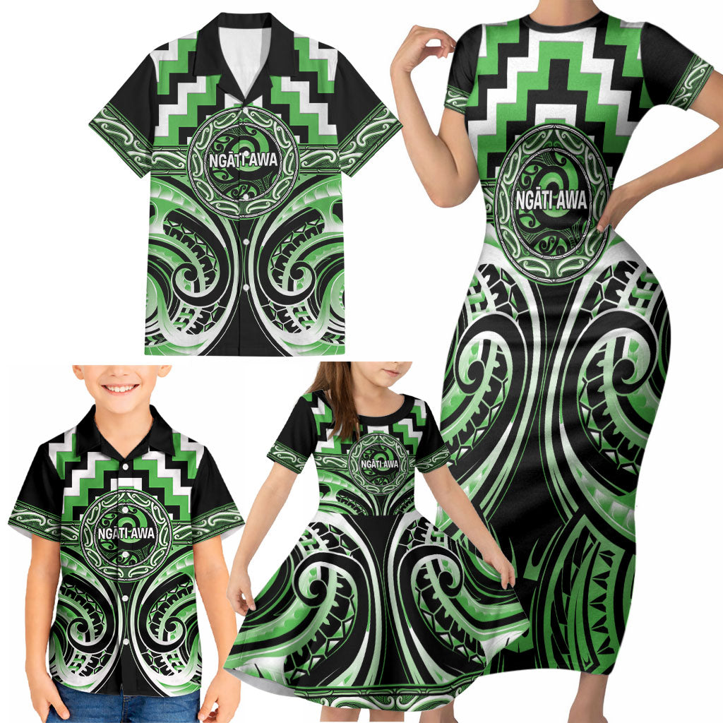Aotearoa Ngati Awa Personalised Family Matching Short Sleeve Bodycon Dress and Hawaiian Shirt Maori Iwi Poutama Puhoro Tattoo LT14 - Polynesian Pride