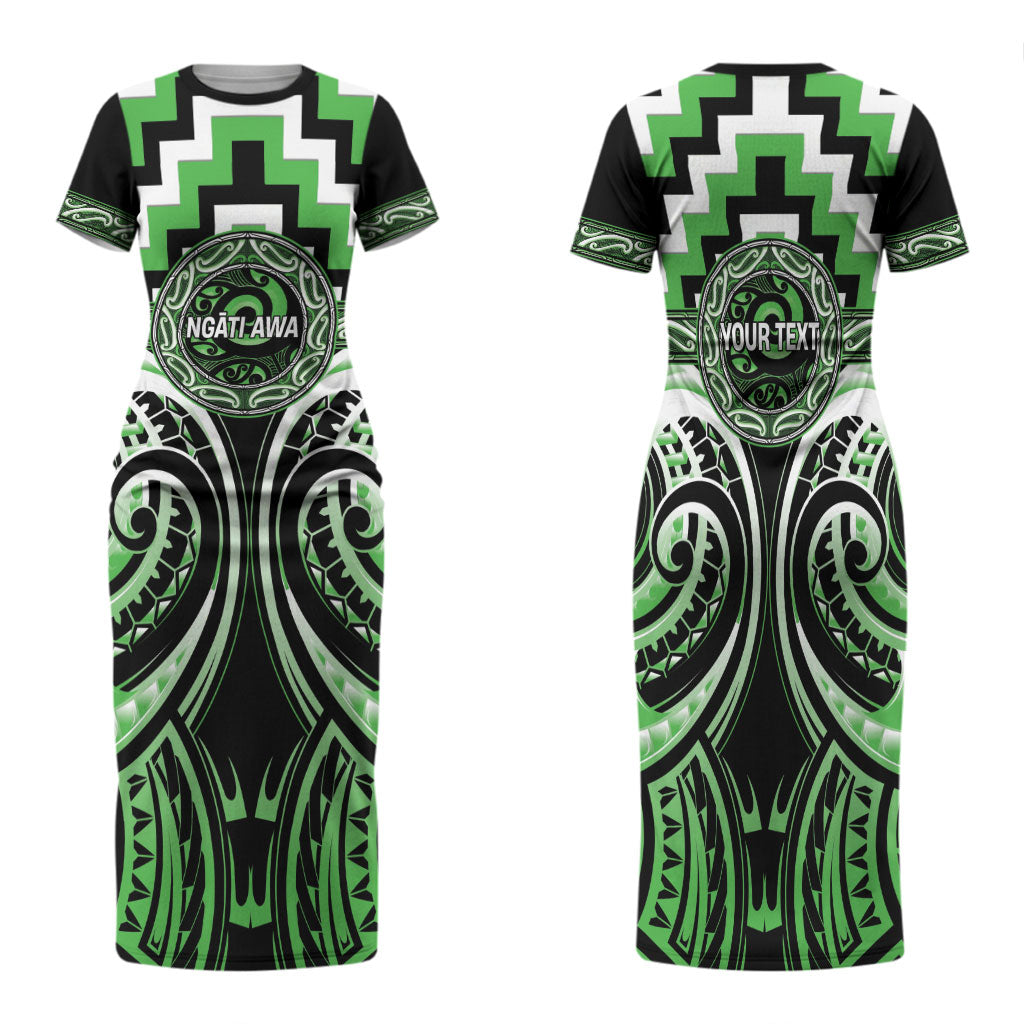 Aotearoa Ngati Awa Personalised Family Matching Short Sleeve Bodycon Dress and Hawaiian Shirt Maori Iwi Poutama Puhoro Tattoo LT14 Mom's Dress Green - Polynesian Pride