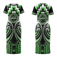 Aotearoa Ngati Awa Personalised Family Matching Short Sleeve Bodycon Dress and Hawaiian Shirt Maori Iwi Poutama Puhoro Tattoo LT14 Mom's Dress Green - Polynesian Pride