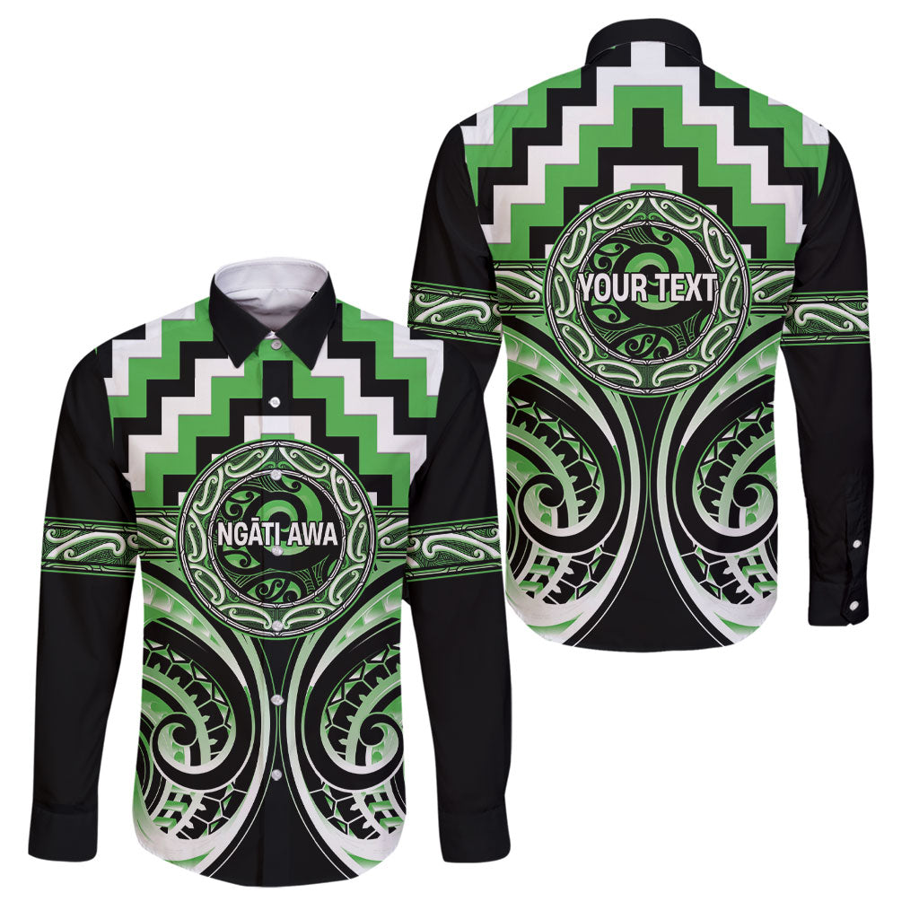 Aotearoa Ngati Awa Personalised Family Matching Short Sleeve Bodycon Dress and Hawaiian Shirt Maori Iwi Poutama Puhoro Tattoo LT14 Dad's Shirt - Long Sleeve Green - Polynesian Pride