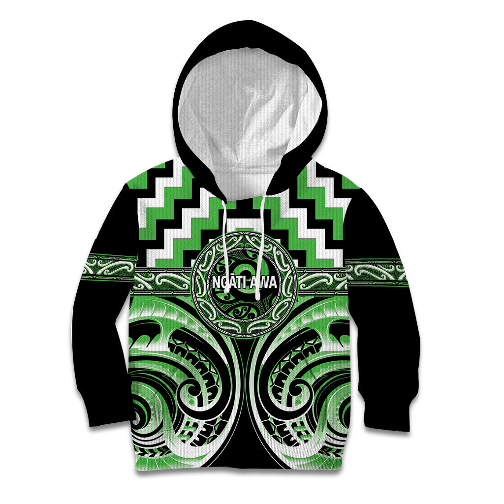 Aotearoa Ngati Awa Personalised Kid Hoodie Maori Iwi Poutama Puhoro Tattoo LT14 Hoodie Green - Polynesian Pride