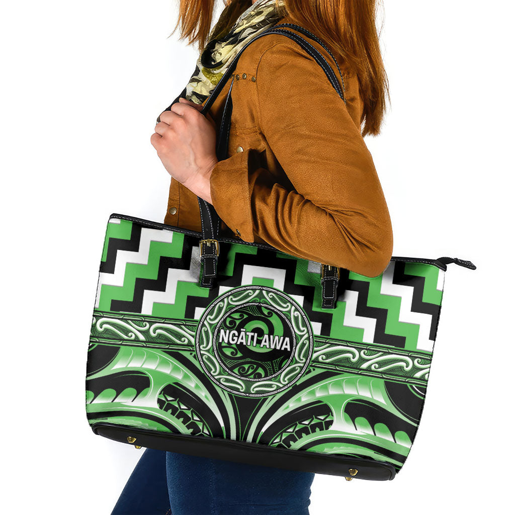 Aotearoa Ngati Awa Leather Tote Bag Maori Iwi Poutama Puhoro Tattoo LT14 Green - Polynesian Pride