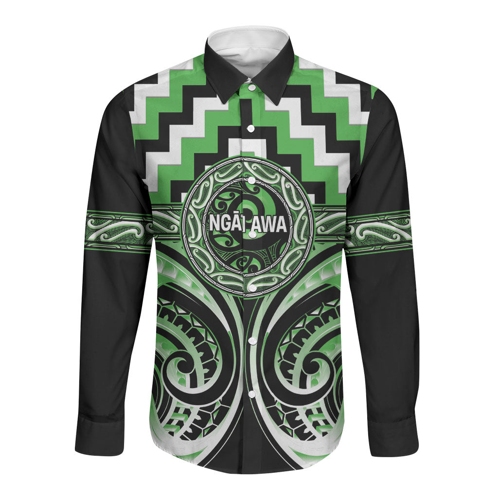 Aotearoa Ngati Awa Personalised Long Sleeve Button Shirt Maori Iwi Poutama Puhoro Tattoo LT14 Unisex Green - Polynesian Pride