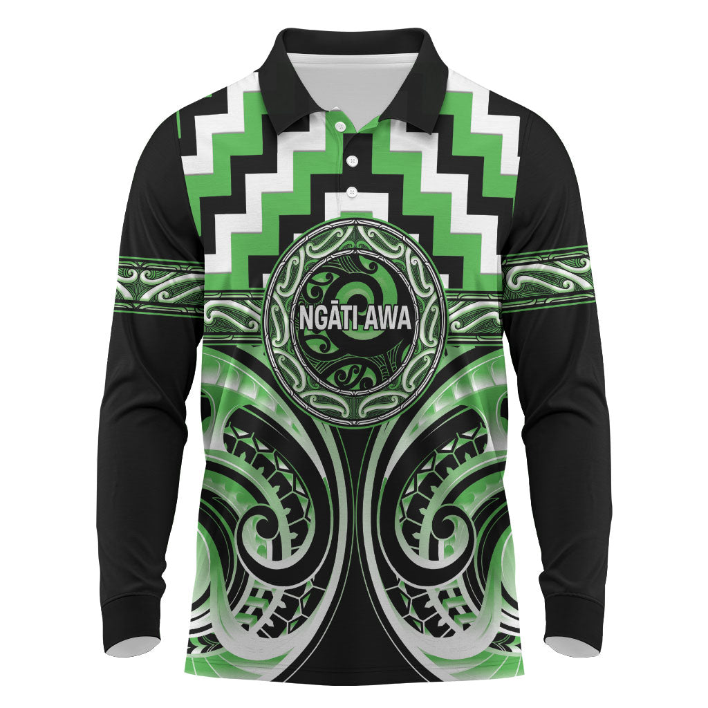 Aotearoa Ngati Awa Personalised Long Sleeve Polo Shirt Maori Iwi Poutama Puhoro Tattoo LT14 Green - Polynesian Pride