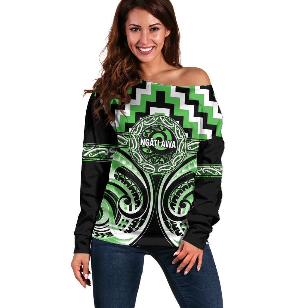 Aotearoa Ngati Awa Personalised Off Shoulder Sweater Maori Iwi Poutama Puhoro Tattoo LT14 Women Green - Polynesian Pride