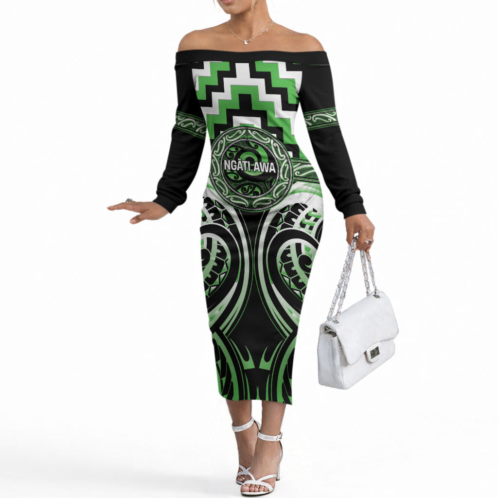 Aotearoa Ngati Awa Personalised Off The Shoulder Long Sleeve Dress Maori Iwi Poutama Puhoro Tattoo
