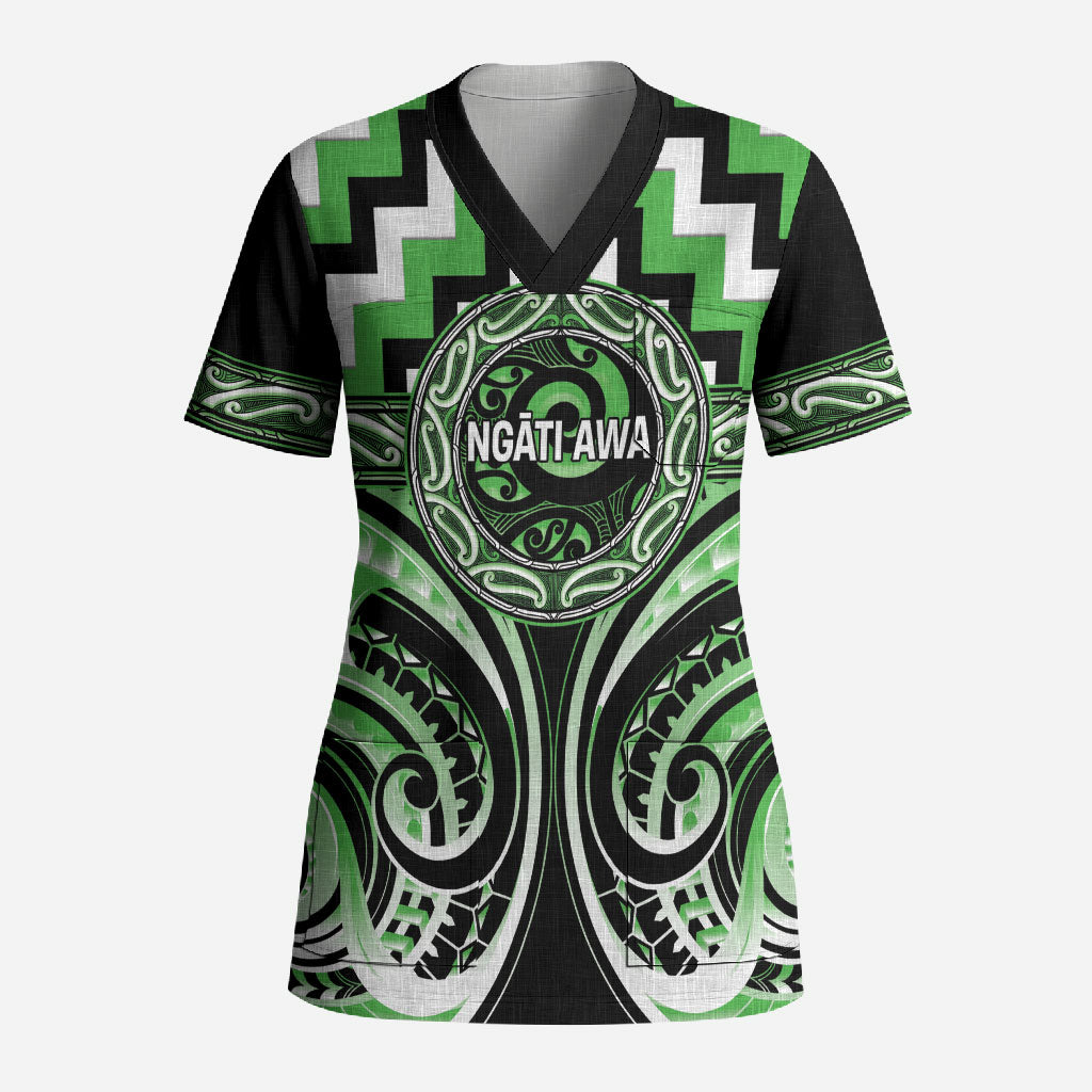 Aotearoa Ngati Awa Personalised Scrub Top Maori Iwi Poutama Puhoro Tattoo LT14 Adult Green - Polynesian Pride