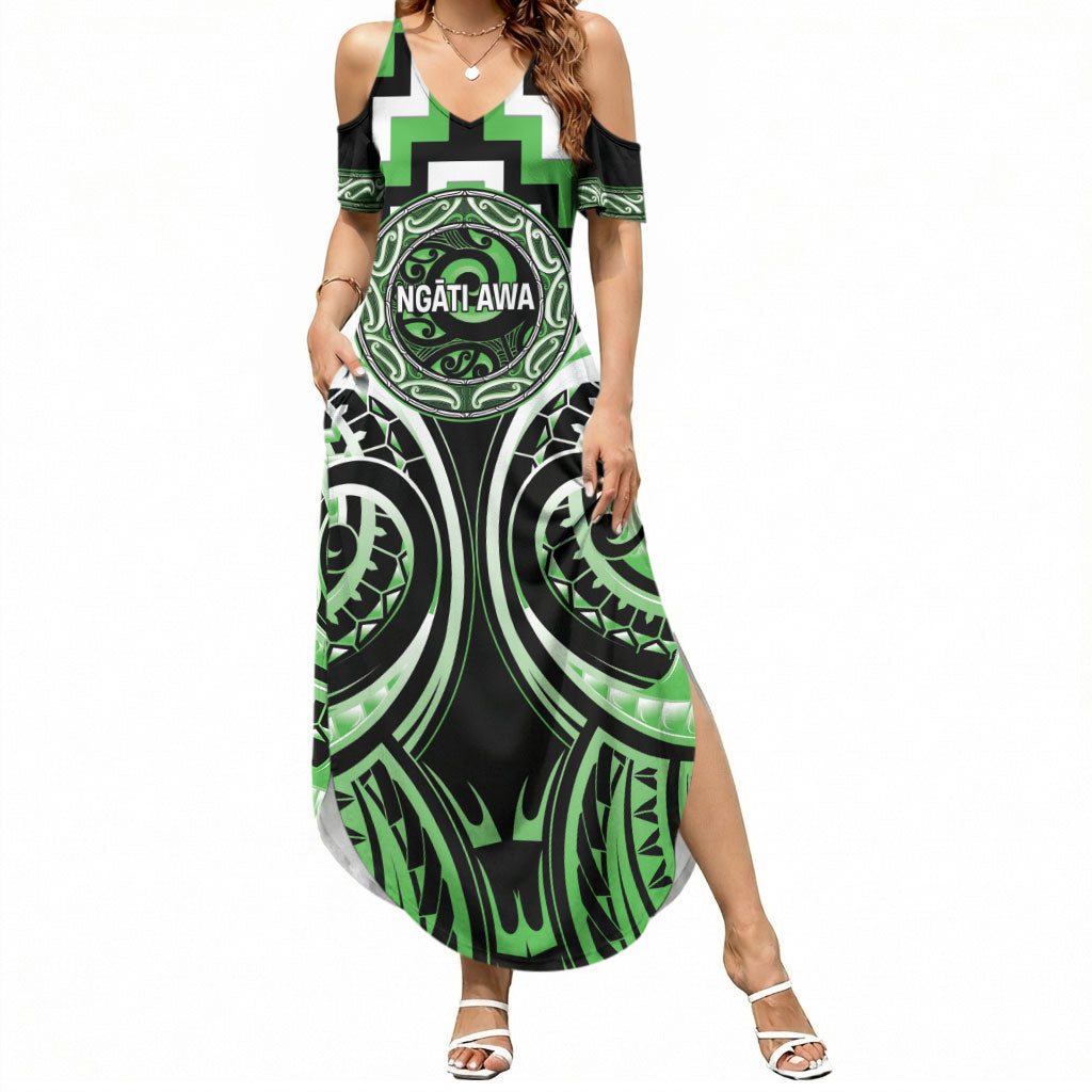 Aotearoa Ngati Awa Personalised Summer Maxi Dress Maori Iwi Poutama Puhoro Tattoo LT14 Women Green - Polynesian Pride