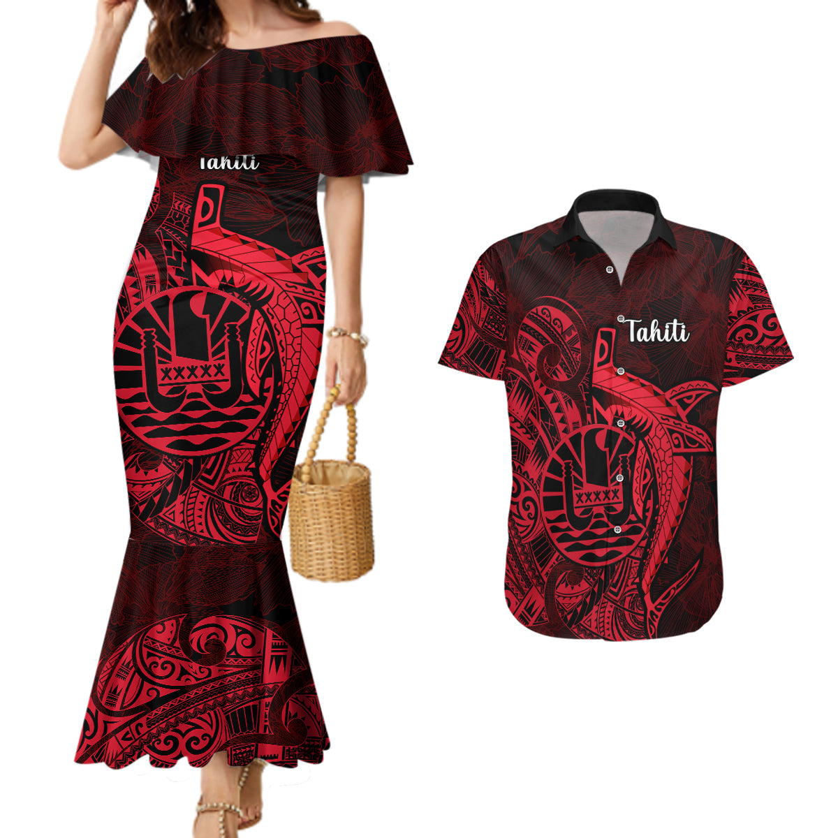 French Polynesia Tahiti Couples Matching Mermaid Dress and Hawaiian Shirt Polynesian Shark Tattoo With Hibiscus Red Version LT14 Red - Polynesian Pride