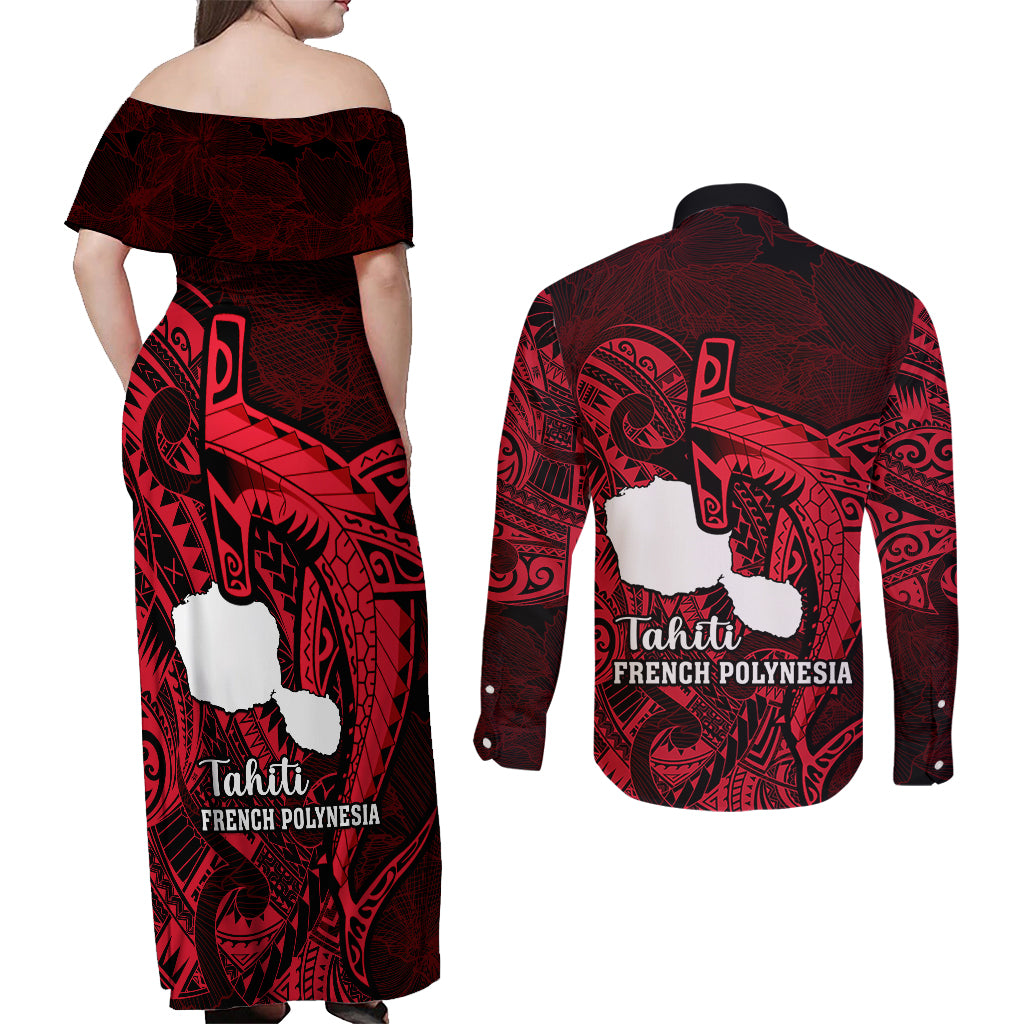 French Polynesia Tahiti Couples Matching Off Shoulder Maxi Dress and Long Sleeve Button Shirts Polynesian Shark Tattoo With Hibiscus Red Version LT14 - Polynesian Pride