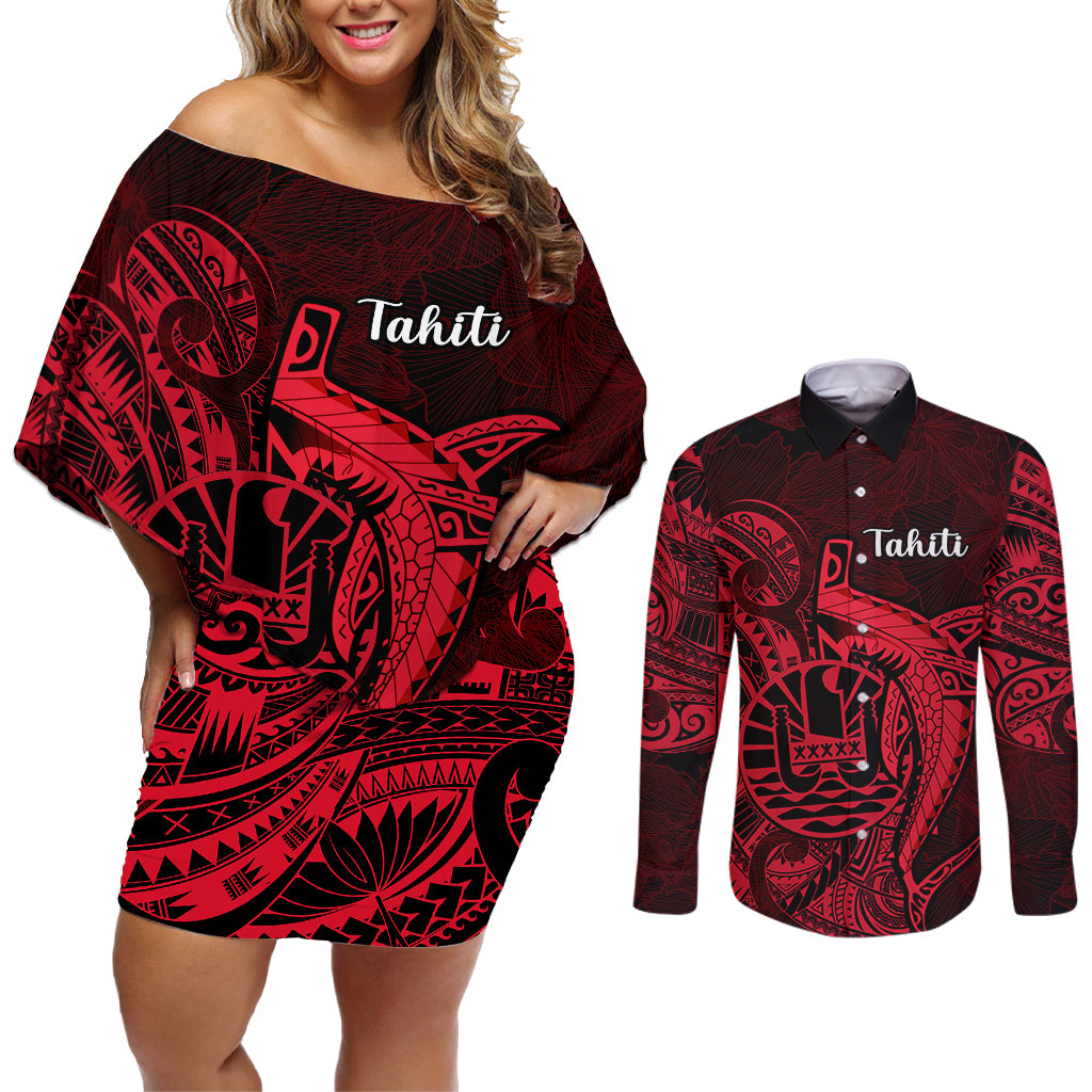 French Polynesia Tahiti Couples Matching Off Shoulder Short Dress and Long Sleeve Button Shirts Polynesian Shark Tattoo With Hibiscus Red Version LT14 Red - Polynesian Pride