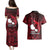 French Polynesia Tahiti Couples Matching Puletasi Dress and Hawaiian Shirt Polynesian Shark Tattoo With Hibiscus Red Version LT14 - Polynesian Pride