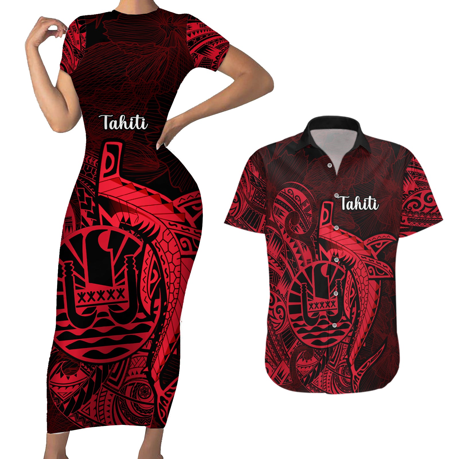 French Polynesia Tahiti Couples Matching Short Sleeve Bodycon Dress and Hawaiian Shirt Polynesian Shark Tattoo With Hibiscus Red Version LT14 Red - Polynesian Pride