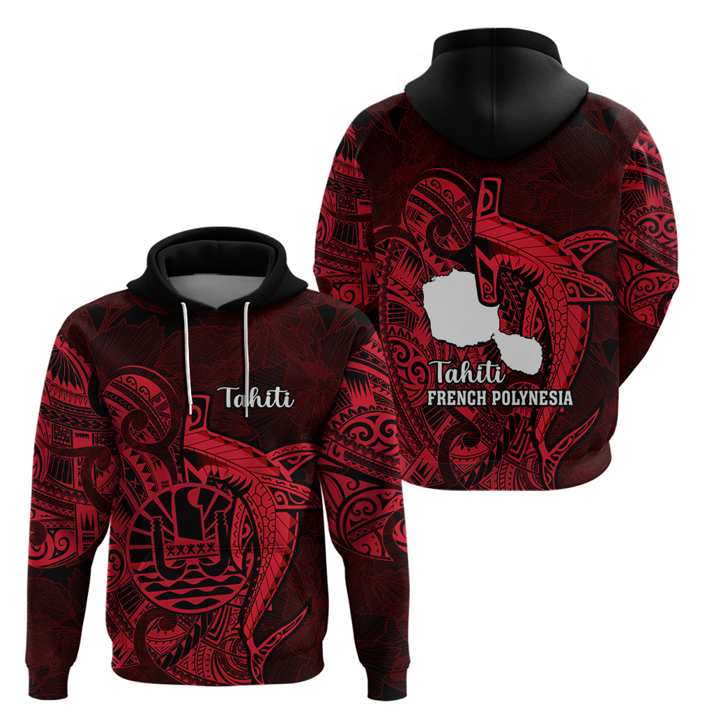 French Polynesia Tahiti Hoodie Polynesian Shark Tattoo With Hibiscus Red Version LT14 - Polynesian Pride