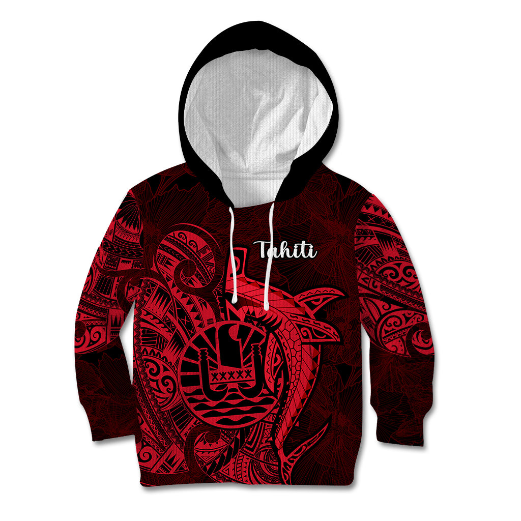 French Polynesia Tahiti Kid Hoodie Polynesian Shark Tattoo With Hibiscus Red Version LT14 Red - Polynesian Pride