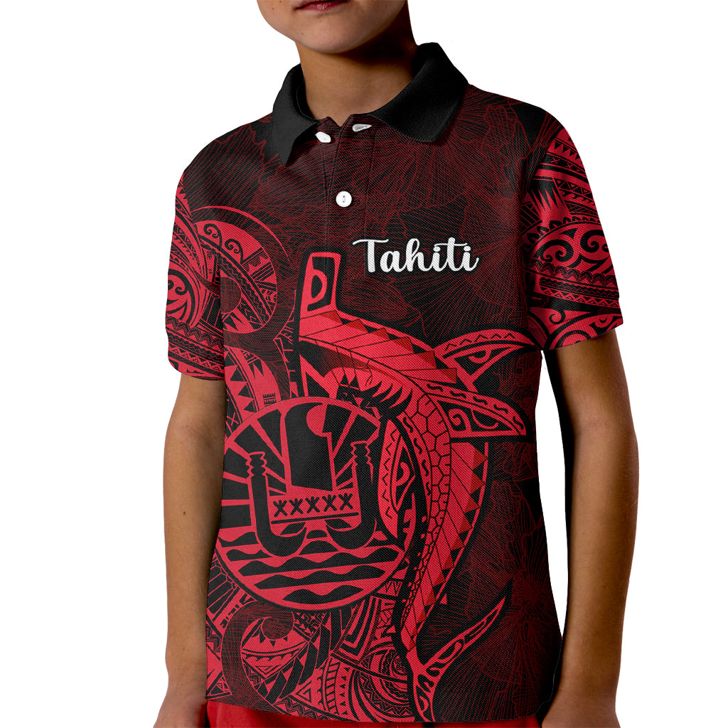 French Polynesia Tahiti Kid Polo Shirt Polynesian Shark Tattoo With Hibiscus Red Version LT14 Kid Red - Polynesian Pride