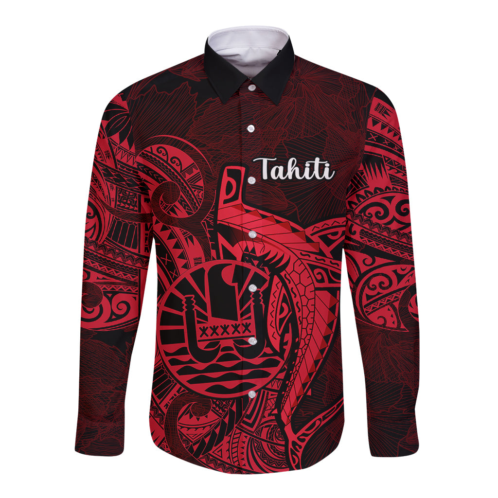 French Polynesia Tahiti Long Sleeve Button Shirt Polynesian Shark Tattoo With Hibiscus Red Version LT14 Unisex Red - Polynesian Pride