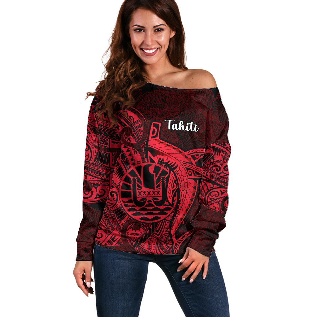 French Polynesia Tahiti Off Shoulder Sweater Polynesian Shark Tattoo With Hibiscus Red Version LT14 Women Red - Polynesian Pride