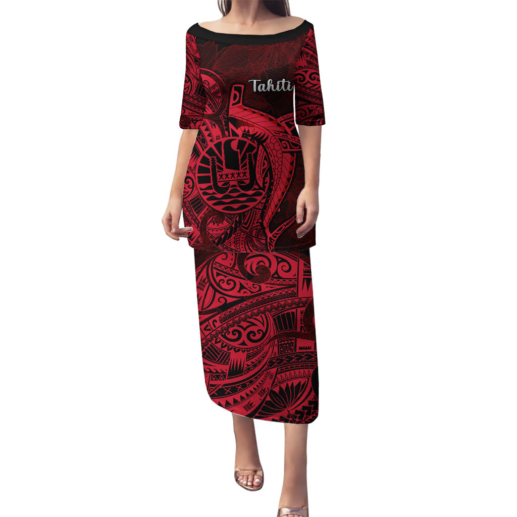 French Polynesia Tahiti Puletasi Polynesian Shark Tattoo With Hibiscus Red Version LT14 Long Dress Red - Polynesian Pride