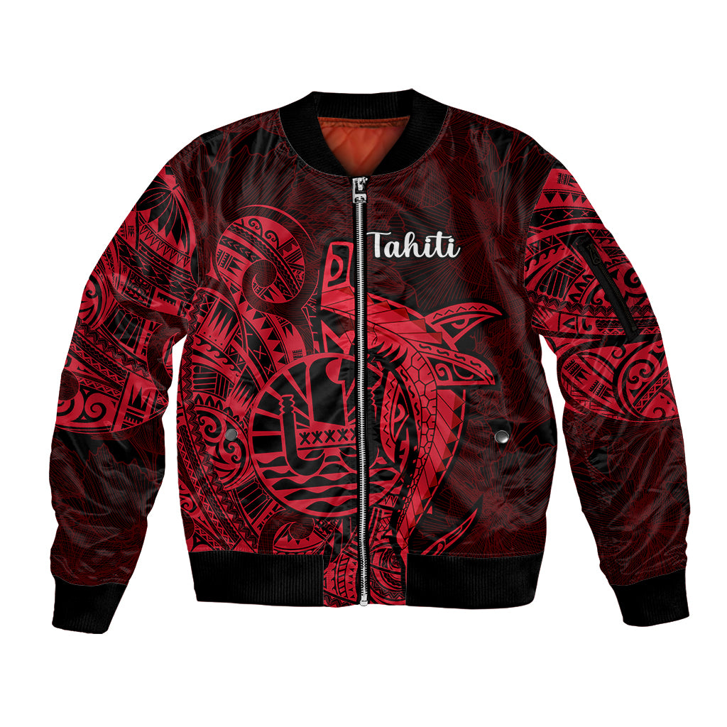 French Polynesia Tahiti Sleeve Zip Bomber Jacket Polynesian Shark Tattoo With Hibiscus Red Version LT14 Unisex Red - Polynesian Pride