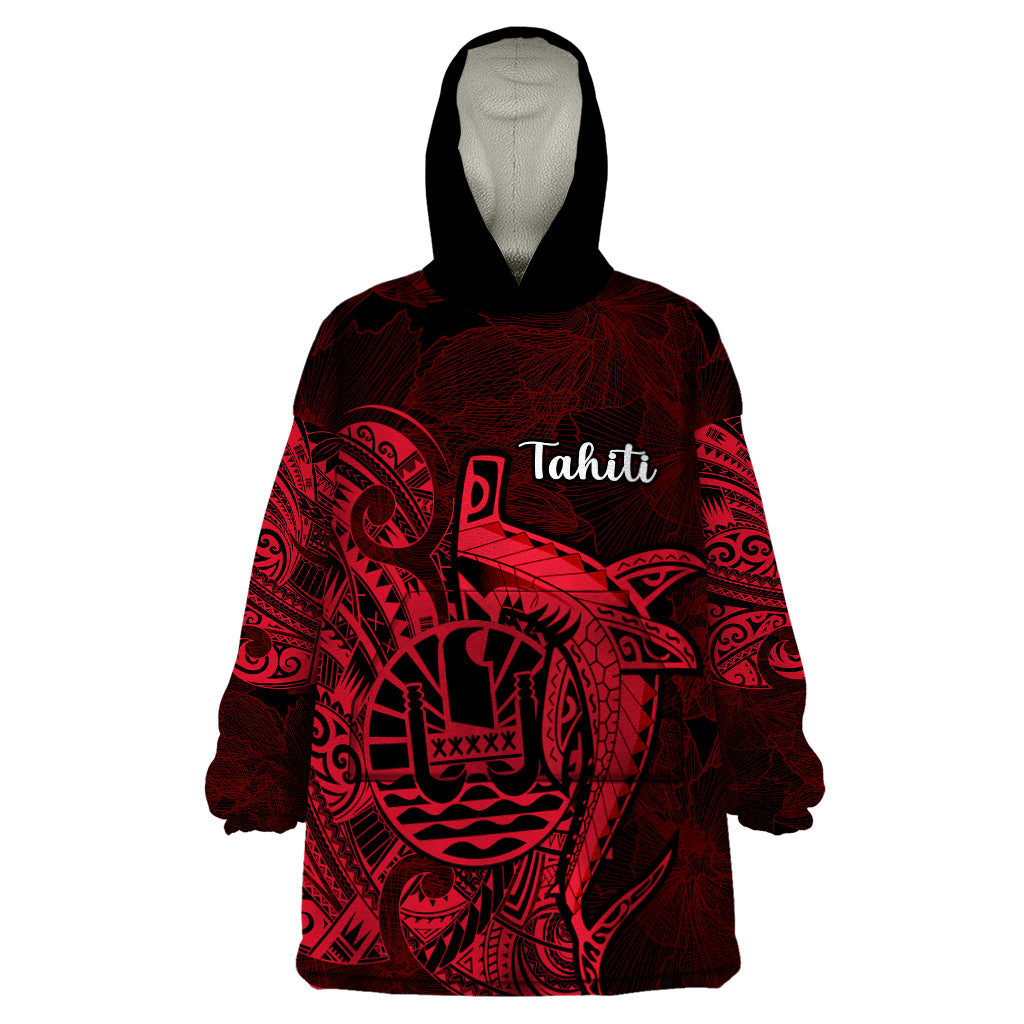 French Polynesia Tahiti Wearable Blanket Hoodie Polynesian Shark Tattoo With Hibiscus Red Version LT14 One Size Red - Polynesian Pride