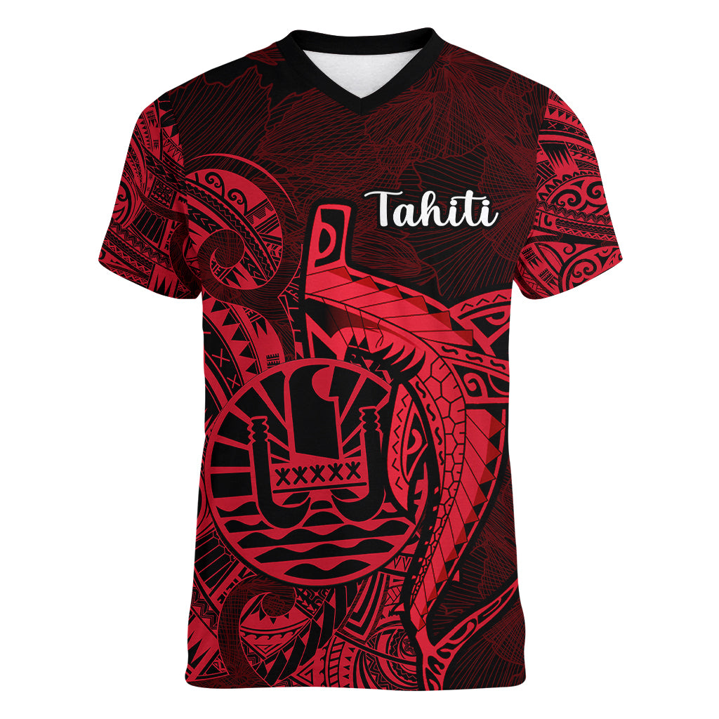 French Polynesia Tahiti Women V Neck T Shirt Polynesian Shark Tattoo With Hibiscus Red Version LT14 Female Red - Polynesian Pride