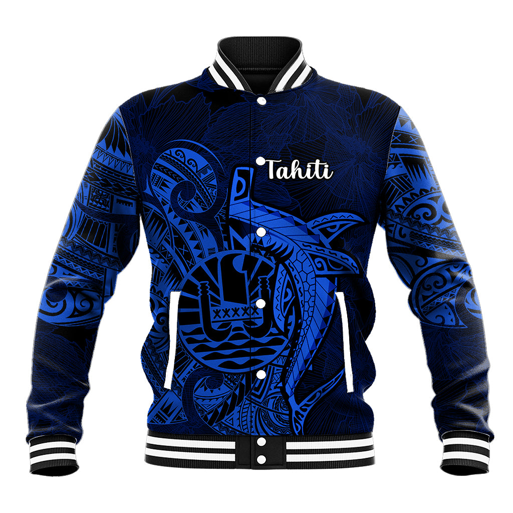 French Polynesia Tahiti Baseball Jacket Polynesian Shark Tattoo With Hibiscus Blue Version LT14 Unisex Blue - Polynesian Pride