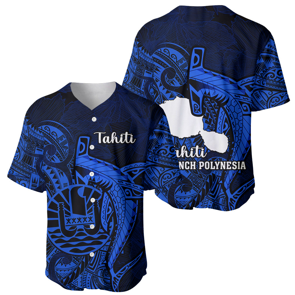 French Polynesia Tahiti Baseball Jersey Polynesian Shark Tattoo With Hibiscus Blue Version LT14 - Polynesian Pride