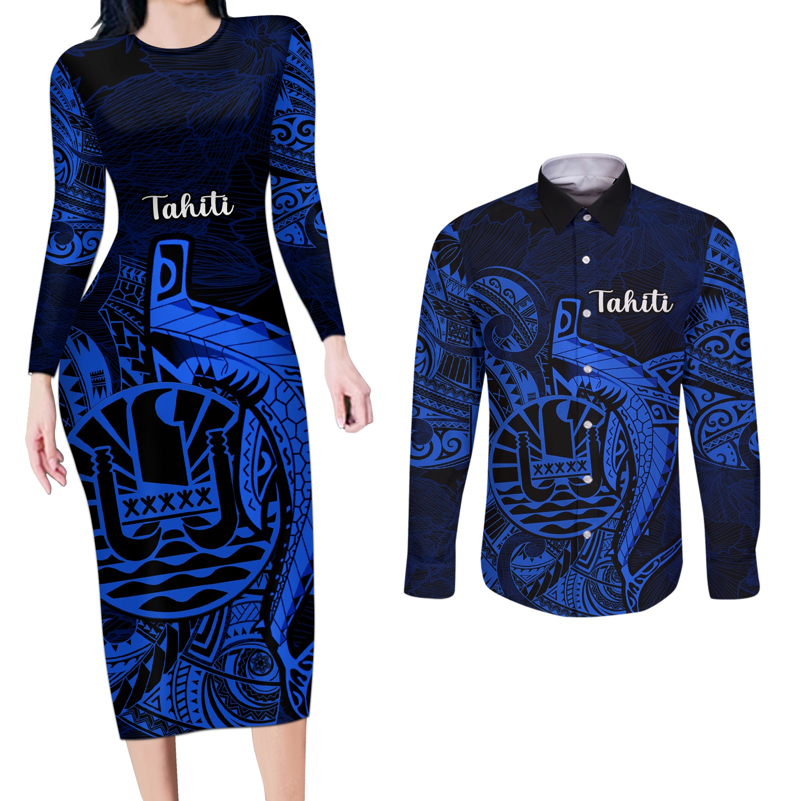 French Polynesia Tahiti Couples Matching Long Sleeve Bodycon Dress and Long Sleeve Button Shirts Polynesian Shark Tattoo With Hibiscus Blue Version LT14 Blue - Polynesian Pride