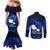 French Polynesia Tahiti Couples Matching Mermaid Dress and Long Sleeve Button Shirts Polynesian Shark Tattoo With Hibiscus Blue Version LT14 - Polynesian Pride